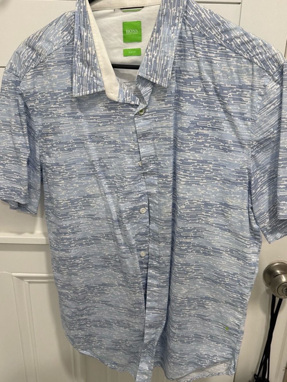 BOSS Men's Light Blue Patterned Short-Sleeve Button-Down Shirt
